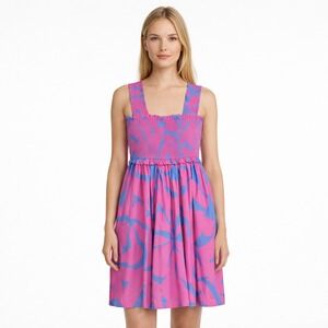 Peach Love California Pink Blue Tropical Smocked Ruffle Mini Dress ID39011-01 L